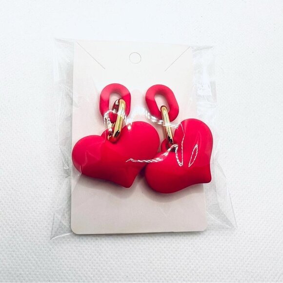 Hot Pink Heart and Chain Detail Drop Statement Earrings Feminine Chunky Barbie - Picture 7 of 11